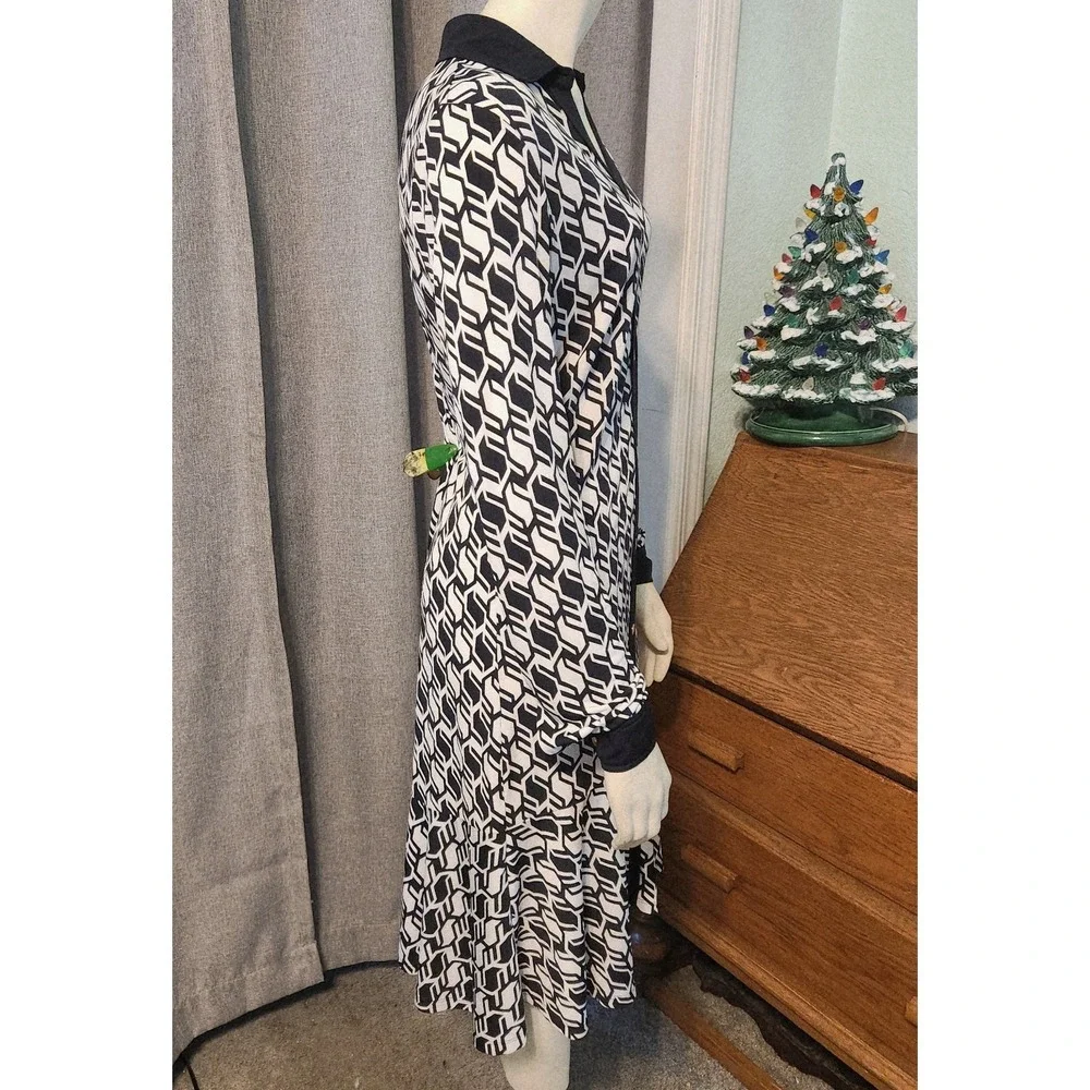 Michael Kors‎ Long Sleeve Navy Blue White Geometric Gold Button Up Midi Dress S
